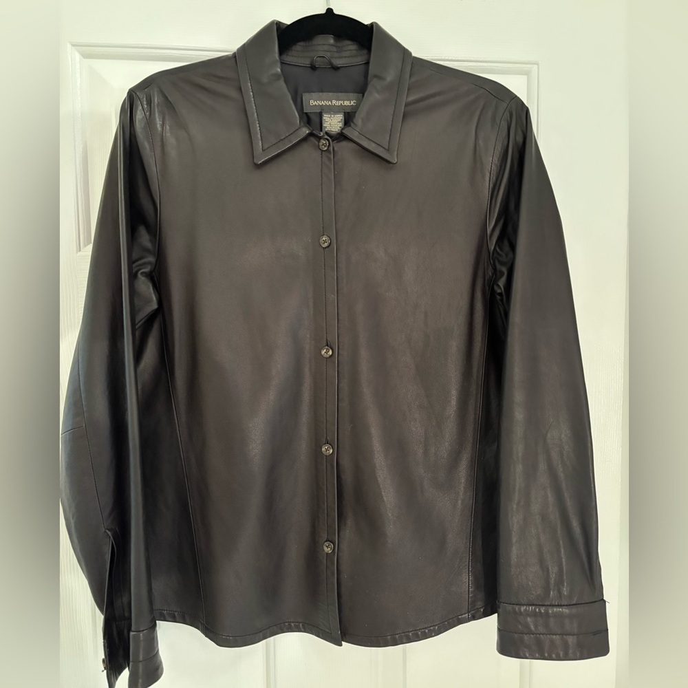 Vintage Banana Republic Y2K Black Genuine Leather Button-Down Shirt - Medium
